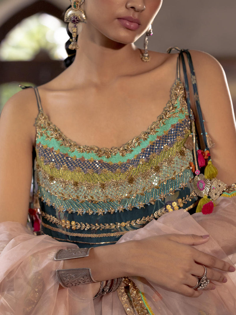 Fariba Teal Organza Kurta Set Kurta Sets by Rajiramniq for women in Singapore