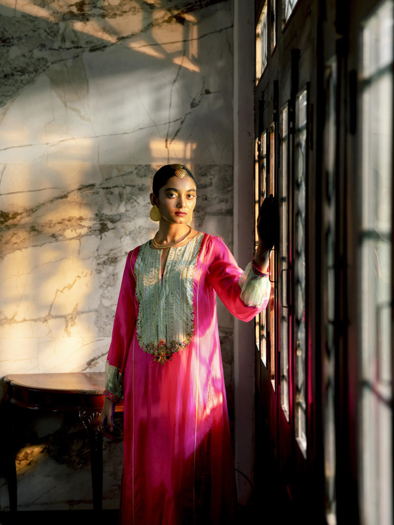 Fariba Hot Pink Silk Back Pleat Yoke Kurta Kurta Sets by Rajiramniq for women in Singapore