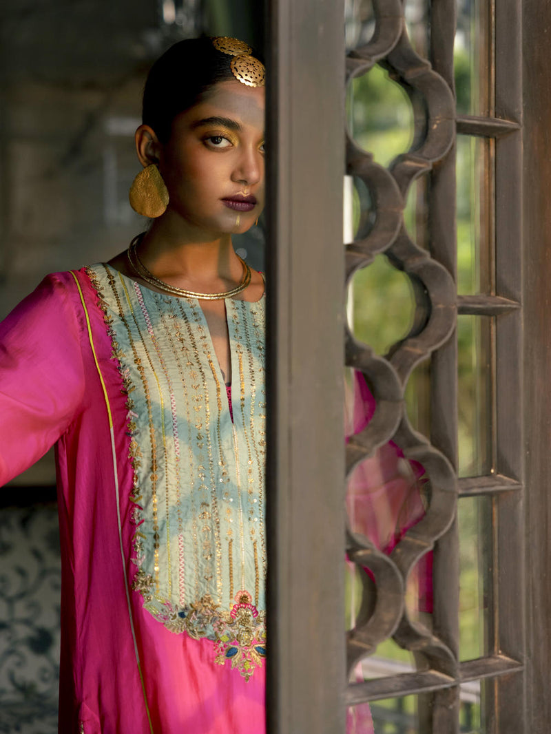Fariba Hot Pink Silk Back Pleat Yoke Kurta Kurta Sets by Rajiramniq for women in Singapore