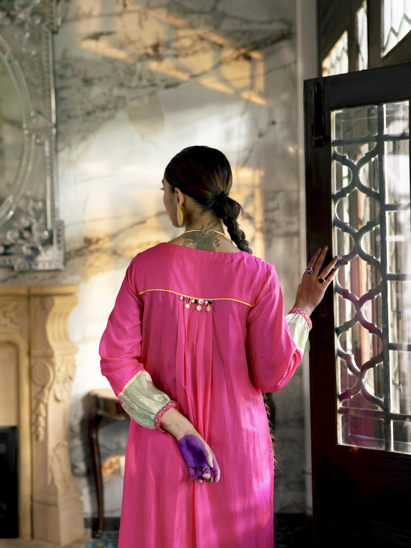 Fariba Hot Pink Silk Back Pleat Yoke Kurta Kurta Sets by Rajiramniq for women in Singapore