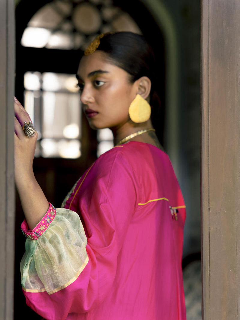 Fariba Hot Pink Silk Back Pleat Yoke Kurta Kurta Sets by Rajiramniq for women in Singapore