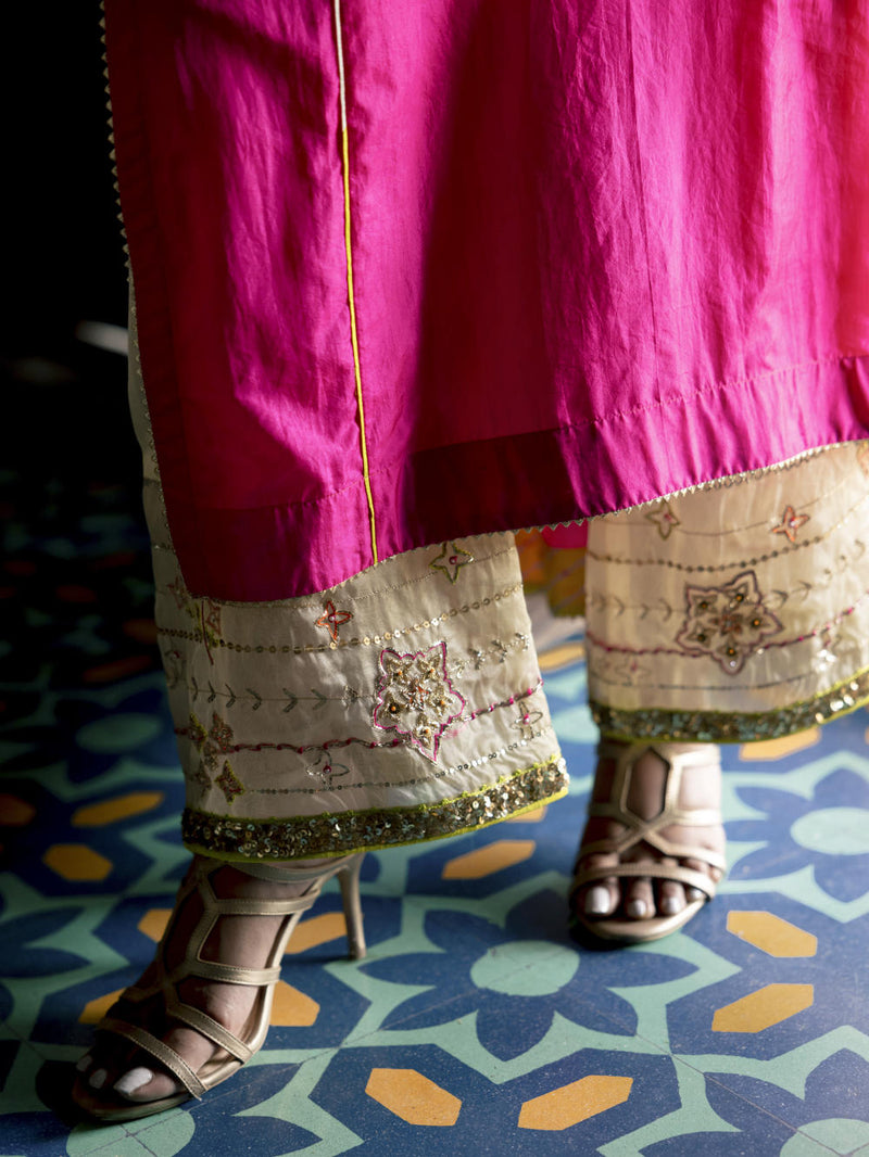 Fariba Hot Pink Silk Back Pleat Yoke Kurta Kurta Sets by Rajiramniq for women in Singapore