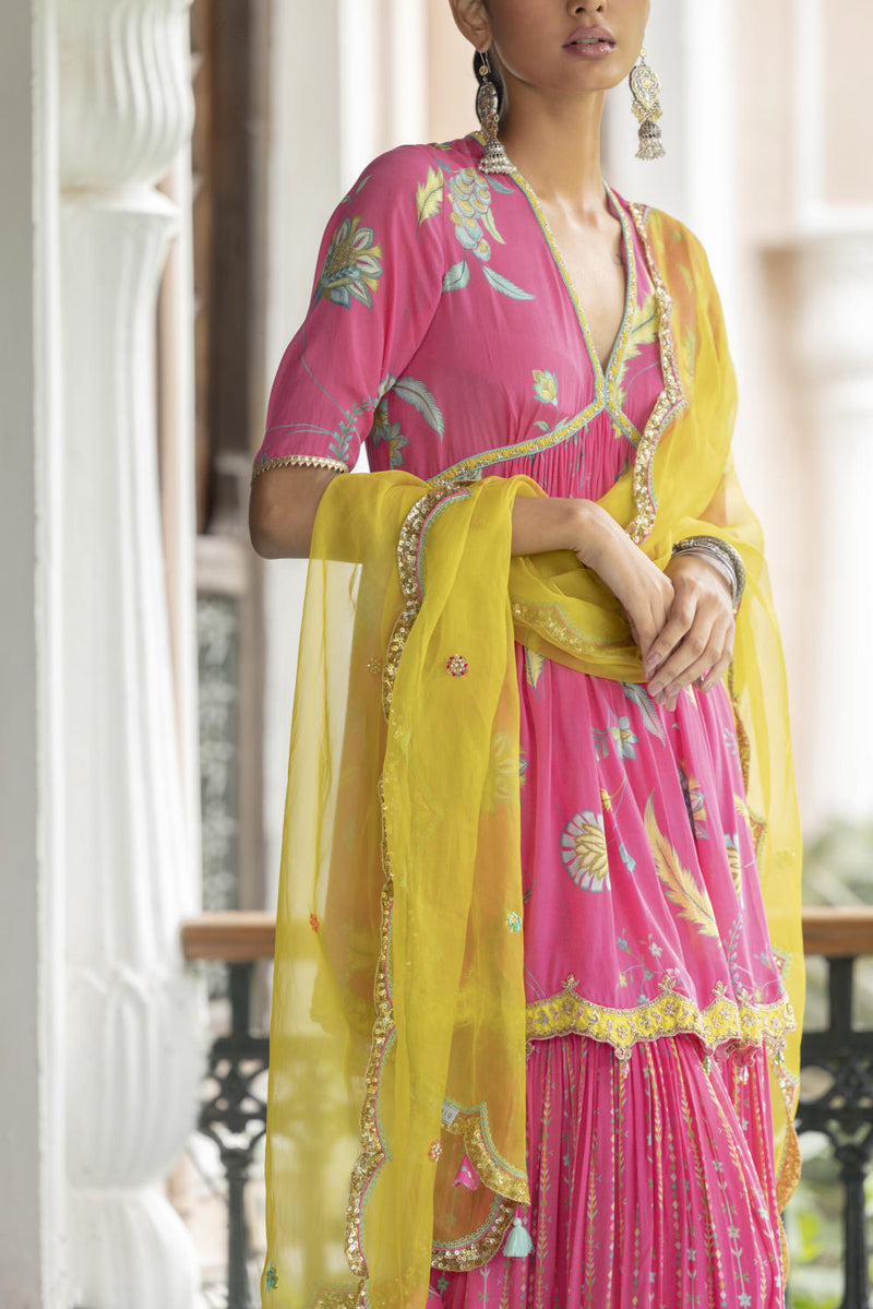 Fariba Bright Pink Printed Scallop Gharara Set Kurta Sets by Rajiramniq for women in Singapore
