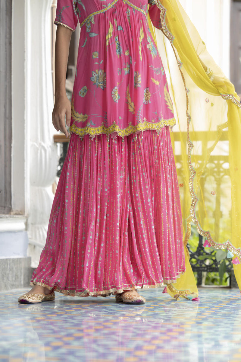 Fariba Bright Pink Printed Scallop Gharara Set Kurta Sets by Rajiramniq for women in Singapore