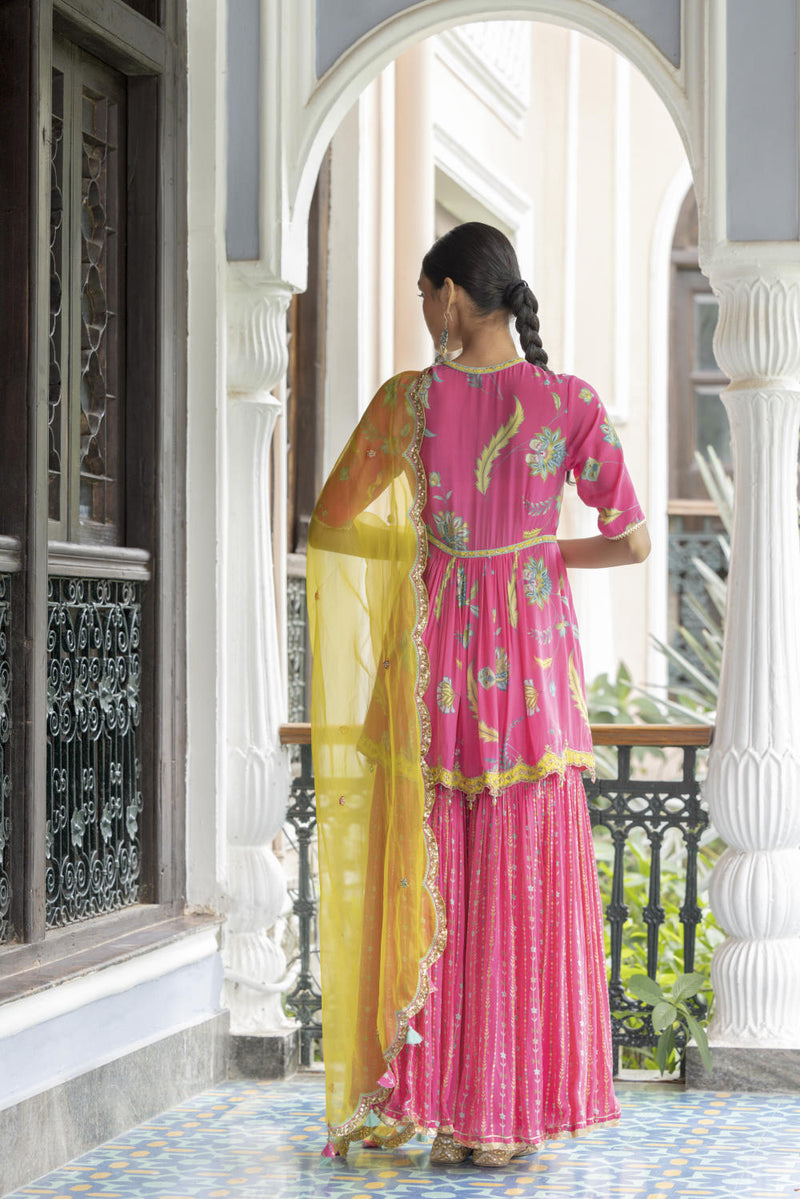 Fariba Bright Pink Printed Scallop Gharara Set Kurta Sets by Rajiramniq for women in Singapore