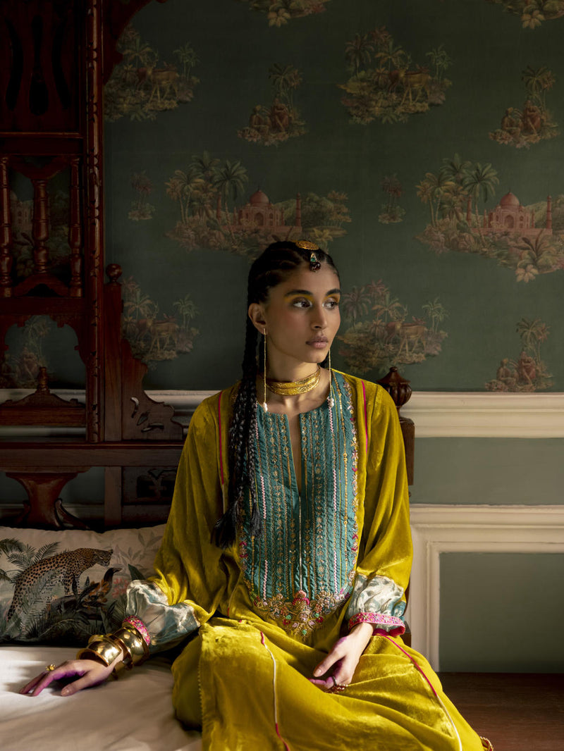 Fariba Lime Yellow Velvet Back Pleat Yoke Kurta Set Kurta Sets by Rajiramniq for women in Singapore