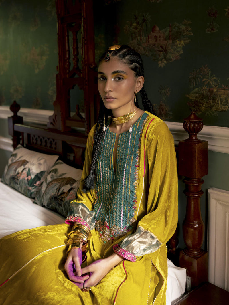 Fariba Lime Yellow Velvet Back Pleat Yoke Kurta Set Kurta Sets by Rajiramniq for women in Singapore