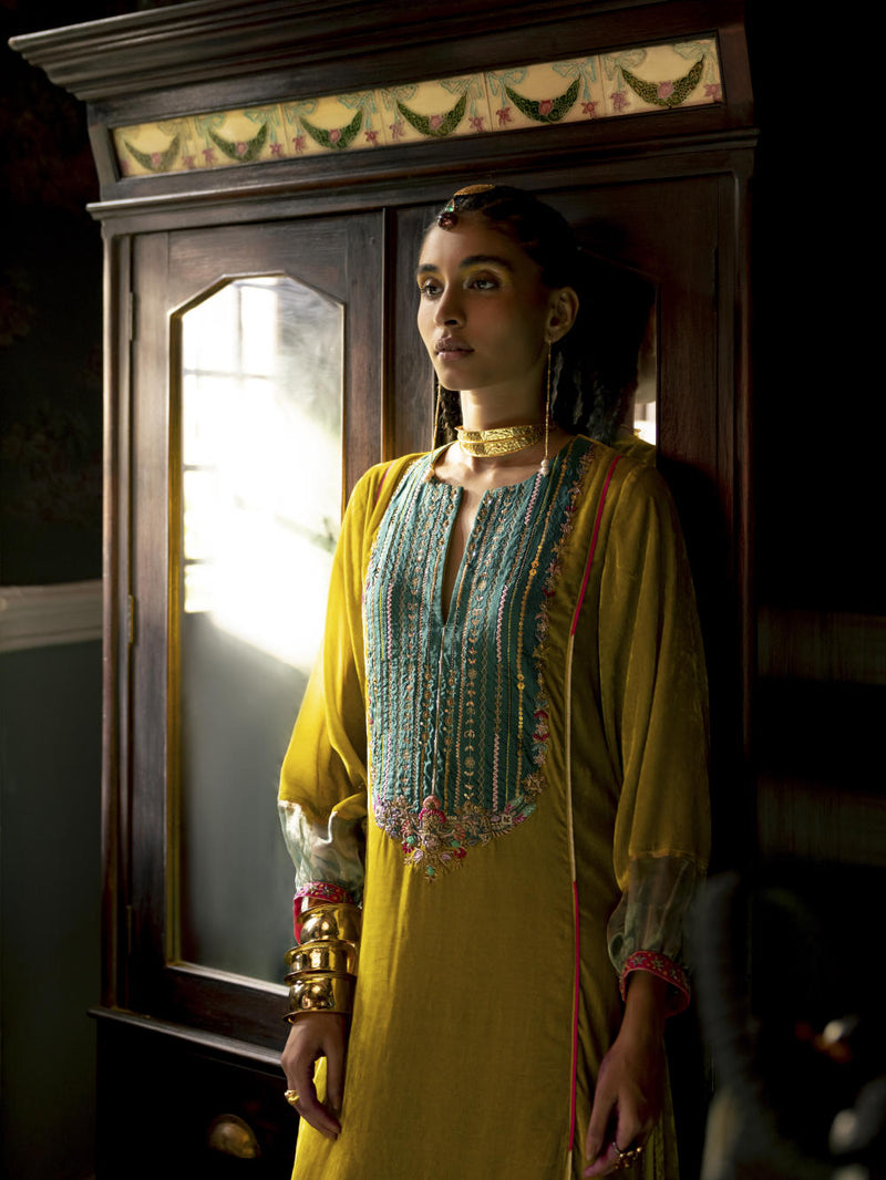 Fariba Lime Yellow Velvet Back Pleat Yoke Kurta Set Kurta Sets by Rajiramniq for women in Singapore