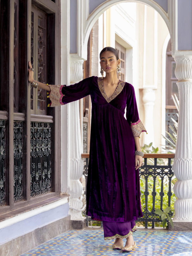 Fariba Purple Bell Sleeve Velvet Kurta Set Kurta Sets by Rajiramniq for women in Singapore