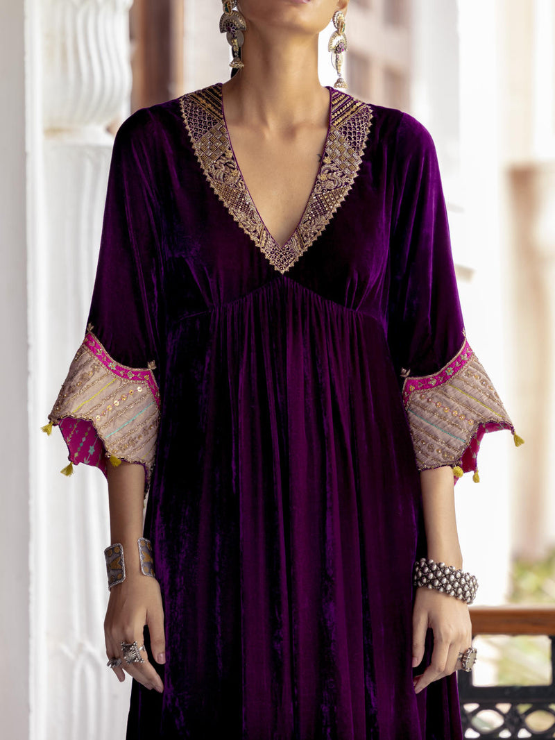 Fariba Purple Bell Sleeve Velvet Kurta Set Kurta Sets by Rajiramniq for women in Singapore
