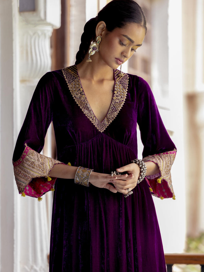 Fariba Purple Bell Sleeve Velvet Kurta Set Kurta Sets by Rajiramniq for women in Singapore