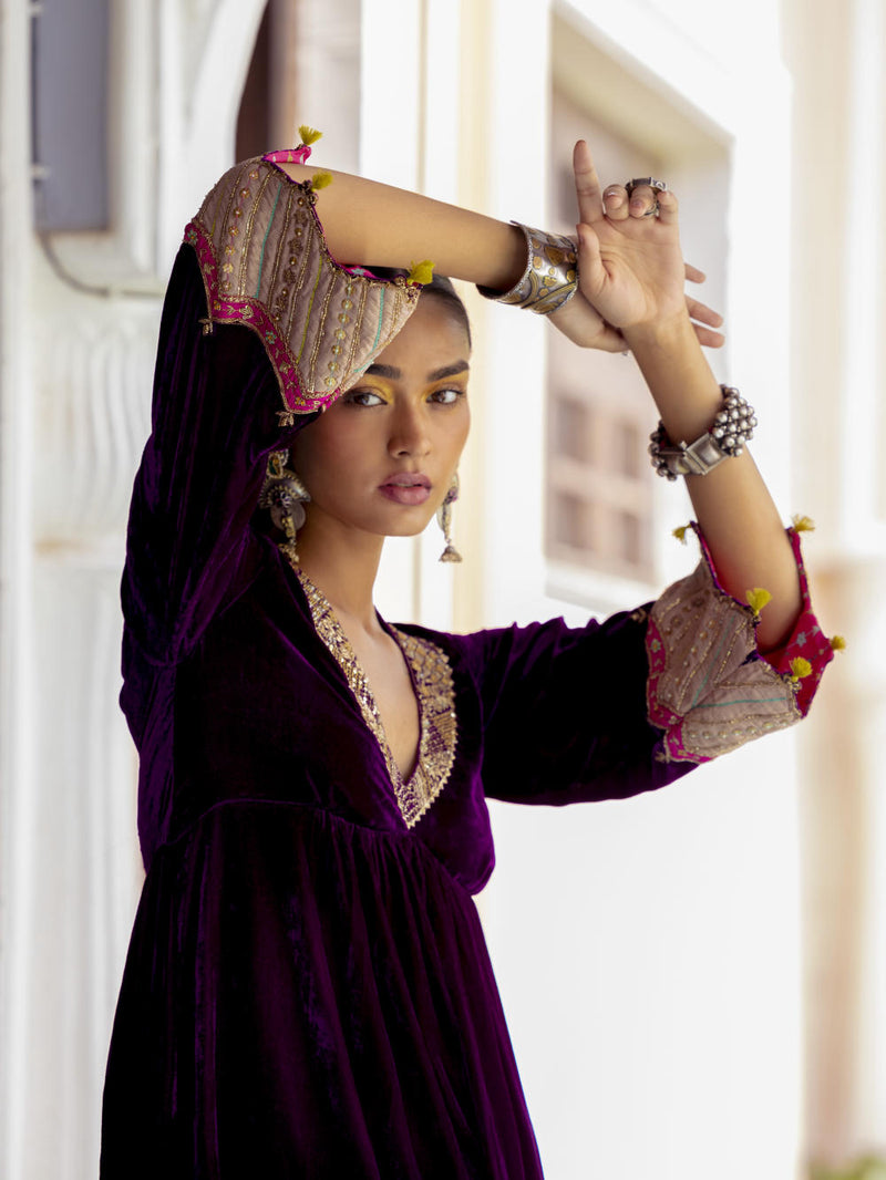 Fariba Purple Bell Sleeve Velvet Kurta Set Kurta Sets by Rajiramniq for women in Singapore