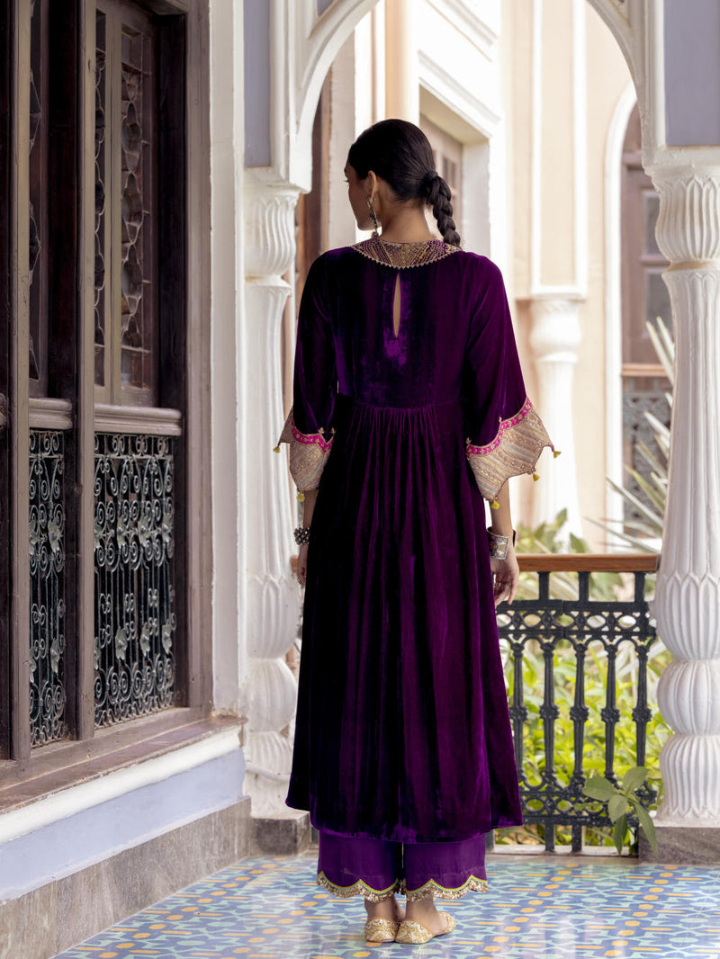 Fariba Purple Bell Sleeve Velvet Kurta Set Kurta Sets by Rajiramniq for women in Singapore
