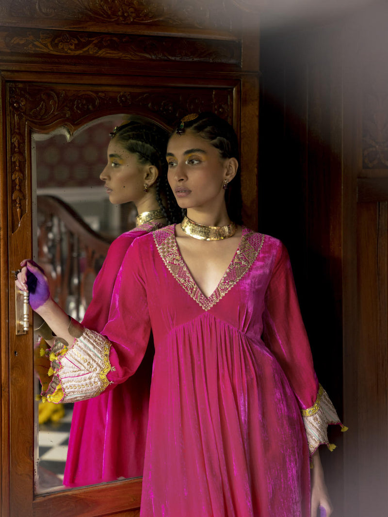 Fariba Hot Pink Bell Sleeve Velvet Kurta Set Kurta Sets by Rajiramniq for women in Singapore