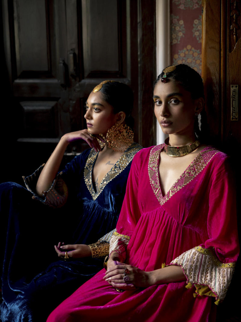 Fariba Hot Pink Bell Sleeve Velvet Kurta Set Kurta Sets by Rajiramniq for women in Singapore