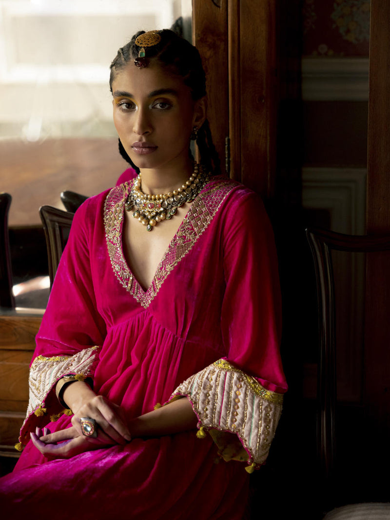 Fariba Hot Pink Bell Sleeve Velvet Kurta Set Kurta Sets by Rajiramniq for women in Singapore