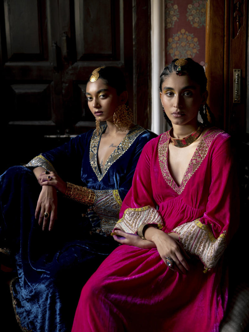 Fariba Hot Pink Bell Sleeve Velvet Kurta Set Kurta Sets by Rajiramniq for women in Singapore
