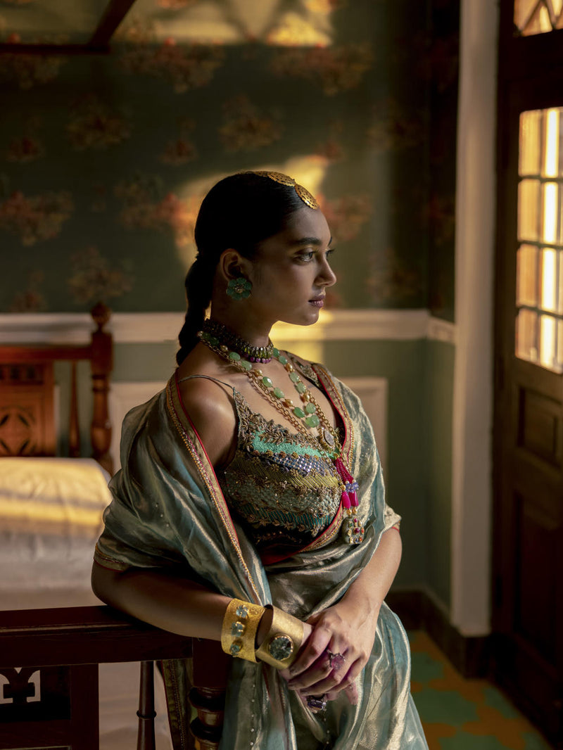 Fariba Teal Tissue Sari Set Sarees by Rajiramniq for women in Singapore