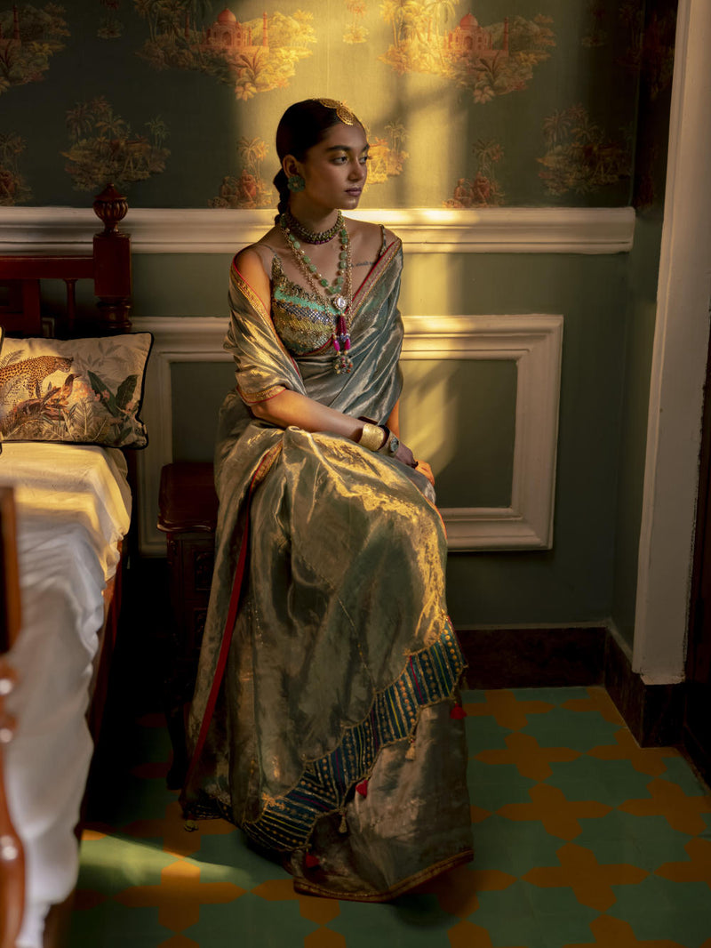 Fariba Teal Tissue Sari Set Sarees by Rajiramniq for women in Singapore