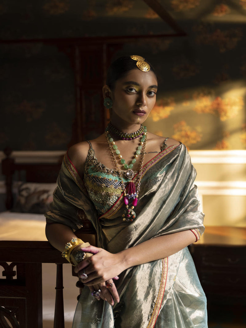 Fariba Teal Tissue Sari Set Sarees by Rajiramniq for women in Singapore