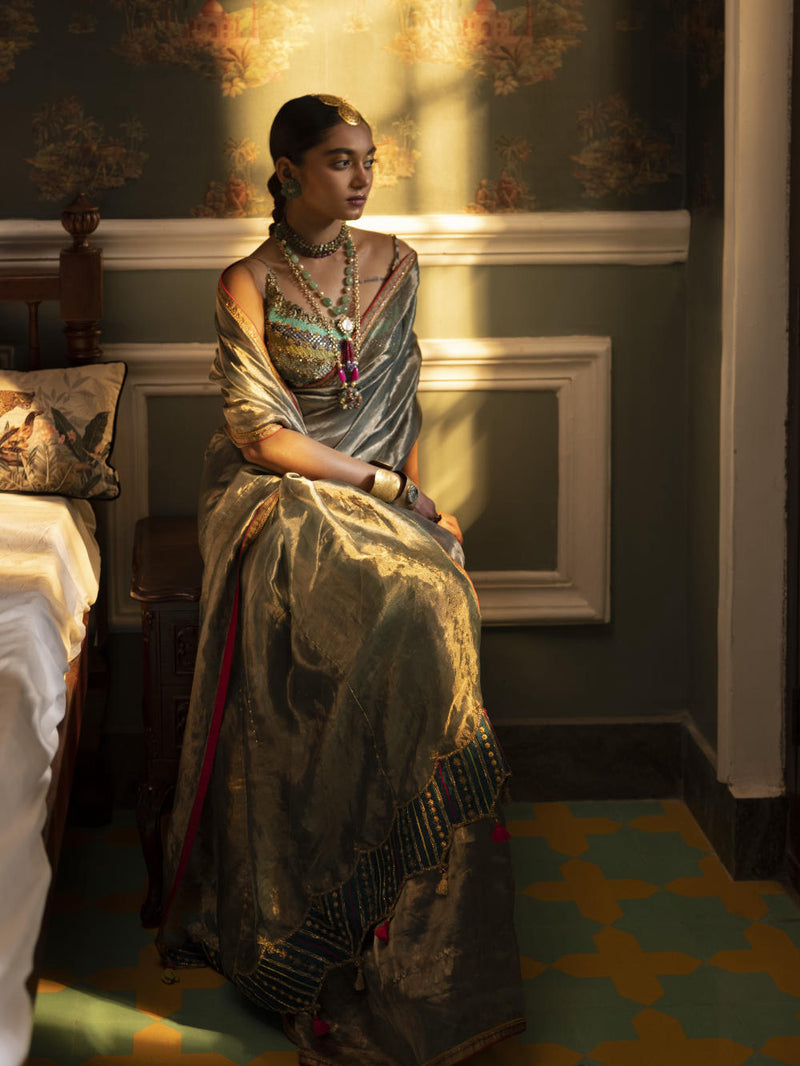 Fariba Teal Tissue Sari Set Sarees by Rajiramniq for women in Singapore