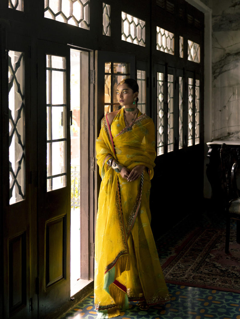 Fariba Lime Yellow Sequin Printed Organza Sari Set Sarees by Rajiramniq for women in Singapore