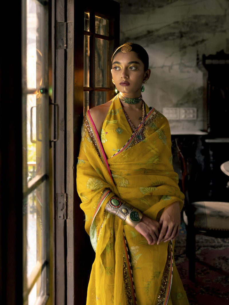 Fariba Lime Yellow Sequin Printed Organza Sari Set Sarees by Rajiramniq for women in Singapore