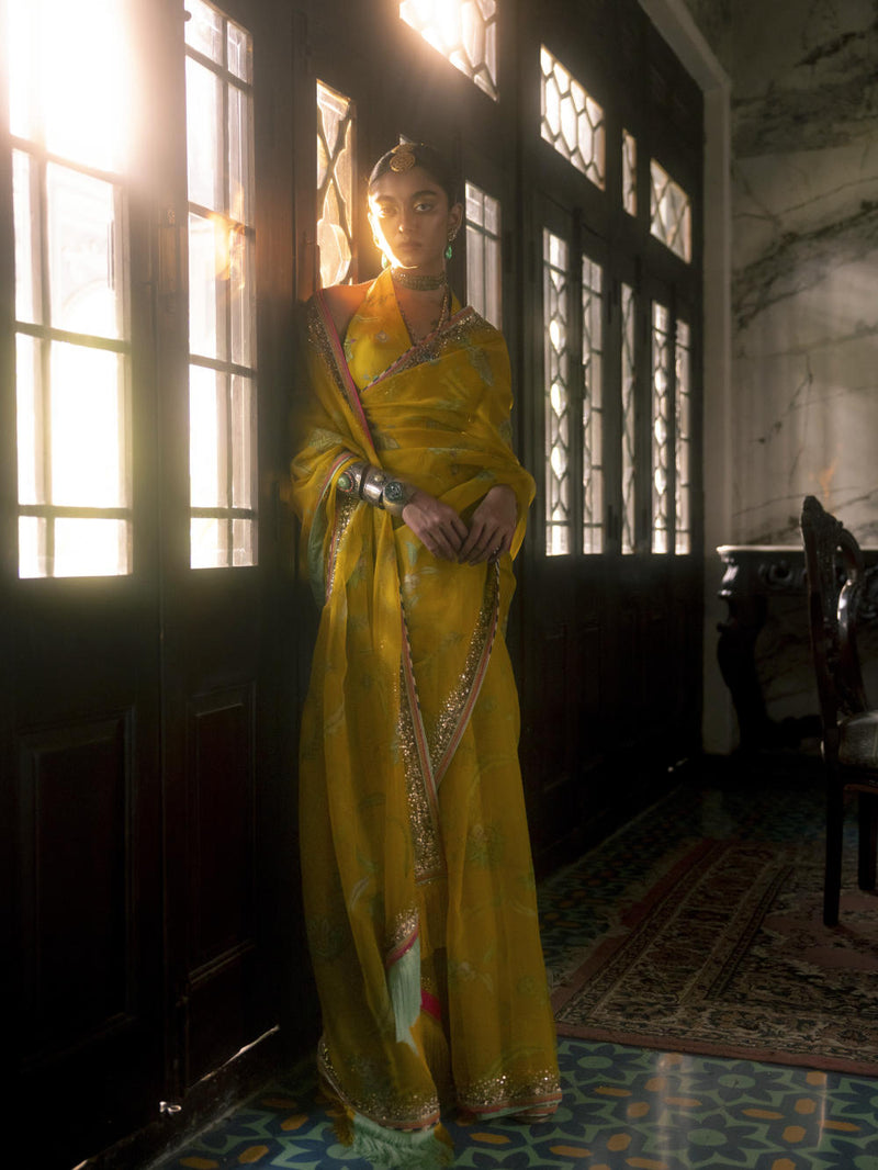 Fariba Lime Yellow Sequin Printed Organza Sari Set Sarees by Rajiramniq for women in Singapore