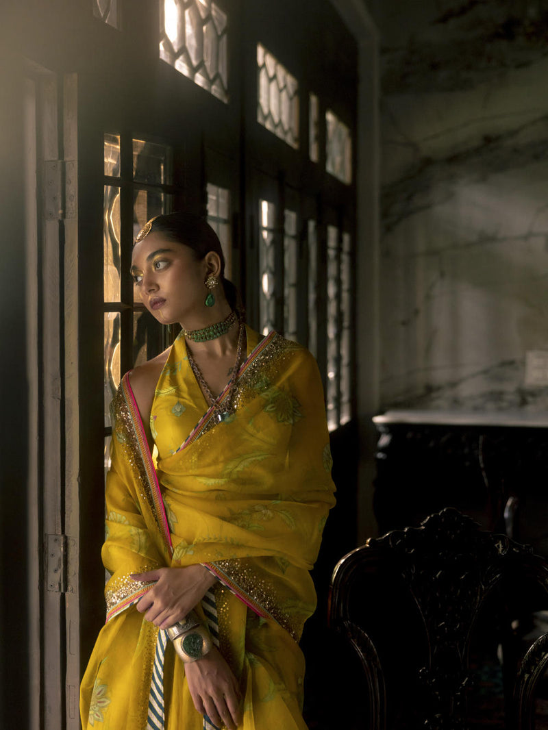 Fariba Lime Yellow Sequin Printed Organza Sari Set Sarees by Rajiramniq for women in Singapore