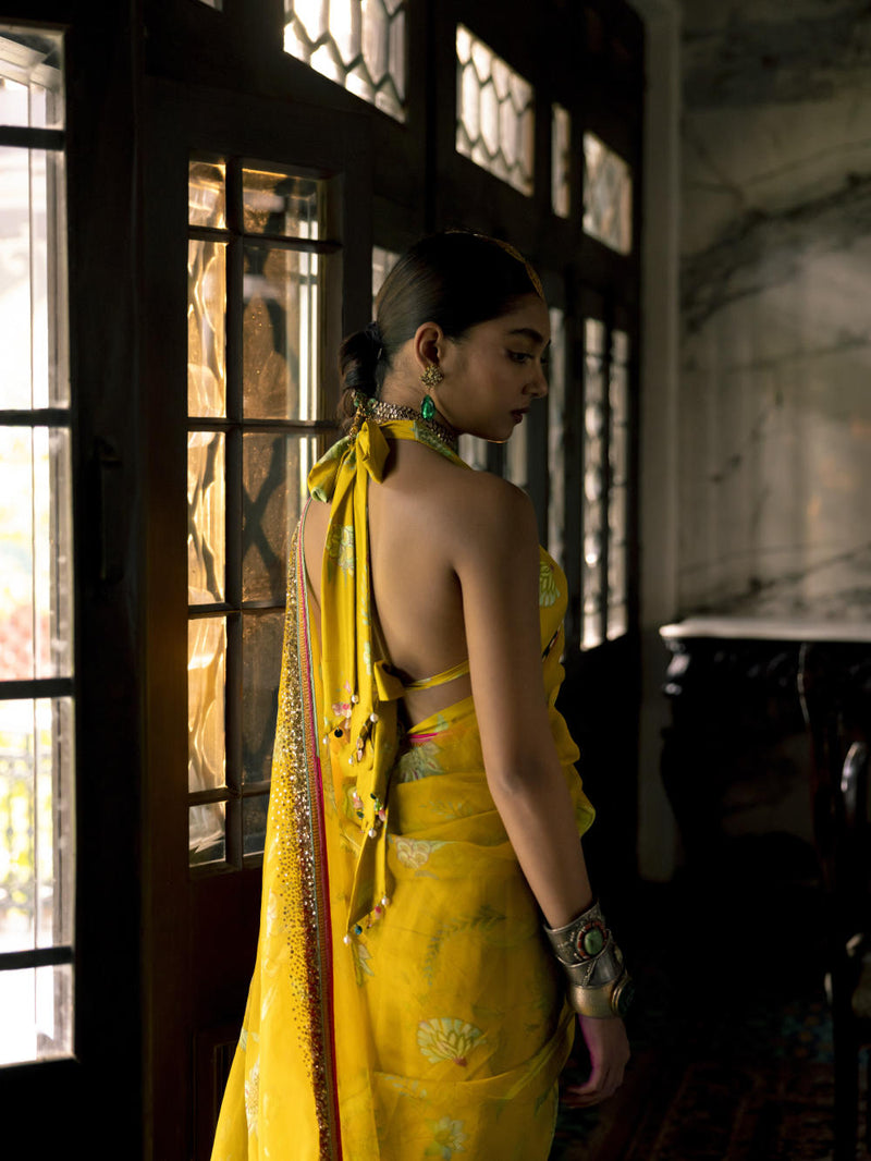 Fariba Lime Yellow Sequin Printed Organza Sari Set Sarees by Rajiramniq for women in Singapore