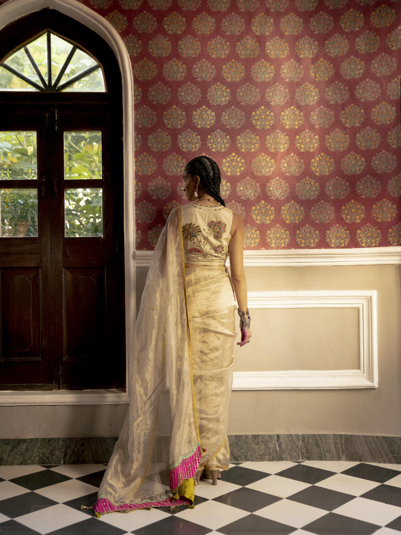 Fariba Ivory Golden Tissue Sari Set Sarees by Rajiramniq for women in Singapore