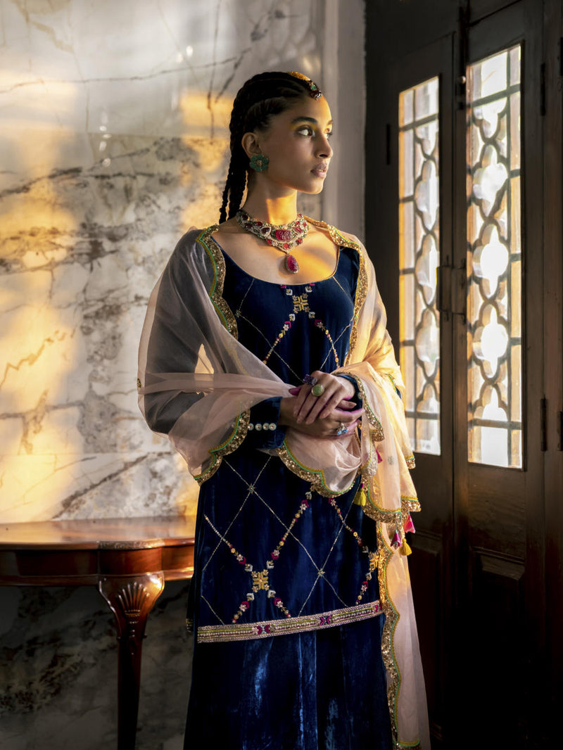 Fariba Blue Silk Velvet Sharara Set Kurta Sets by Rajiramniq for women in Singapore