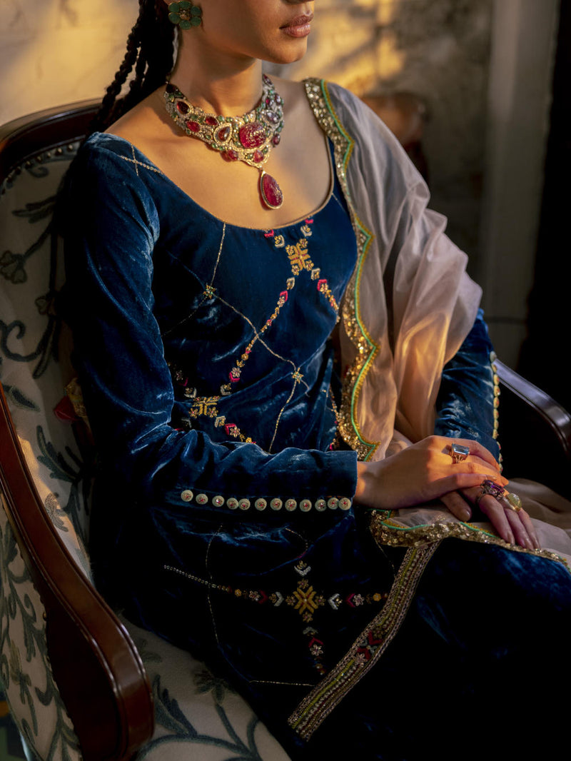 Fariba Blue Silk Velvet Sharara Set Kurta Sets by Rajiramniq for women in Singapore