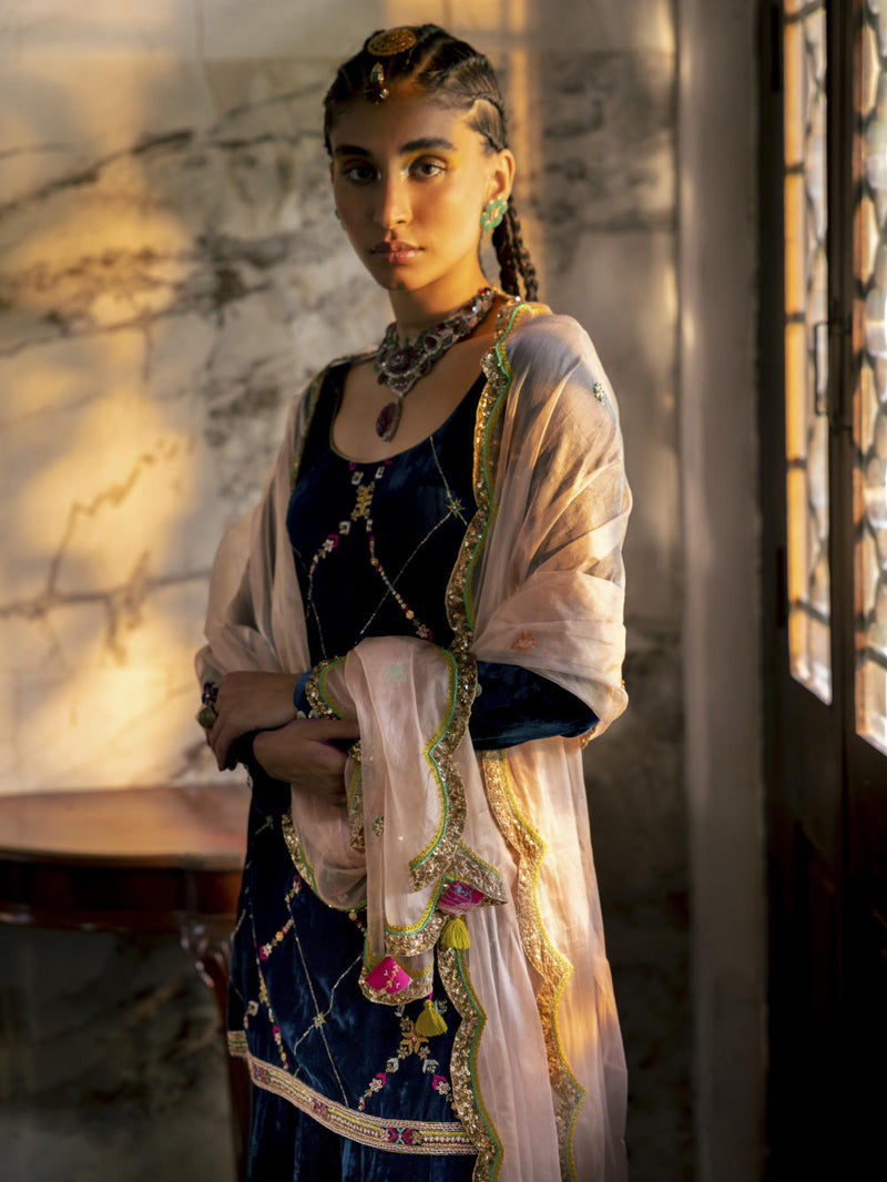 Fariba Blue Silk Velvet Sharara Set Kurta Sets by Rajiramniq for women in Singapore