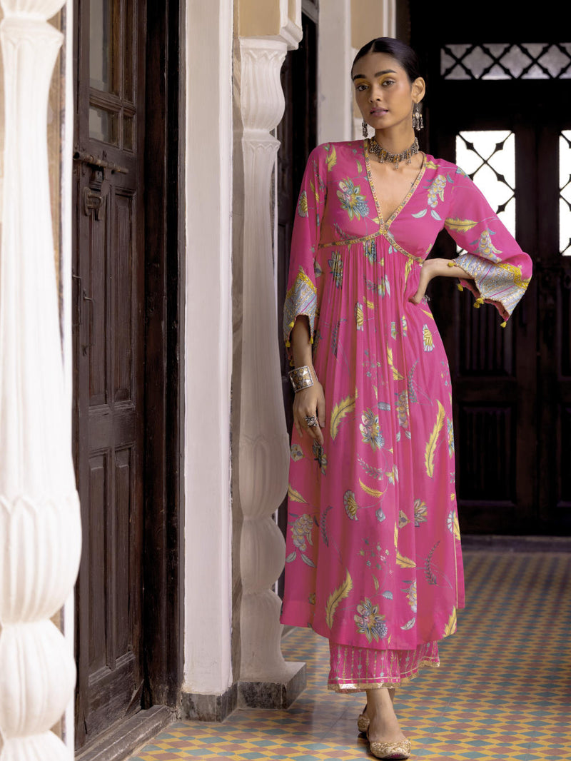Fariba Hot Pink Bell Sleeve Printed Kurta Set Kurta Sets by Rajiramniq for women in Singapore