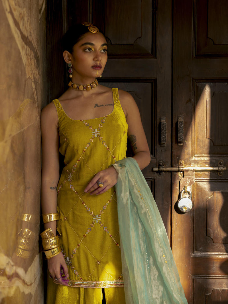Fariba Yellow Silk Velvet Sharara Set Kurta Sets by Rajiramniq for women in Singapore
