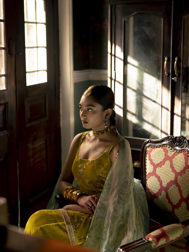 Fariba Yellow Silk Velvet Sharara Set Kurta Sets by Rajiramniq for women in Singapore