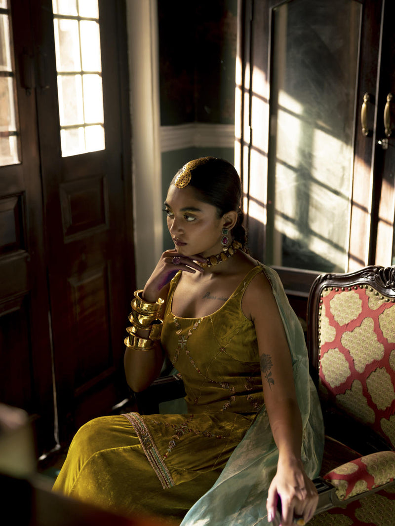 Fariba Yellow Silk Velvet Sharara Set Kurta Sets by Rajiramniq for women in Singapore