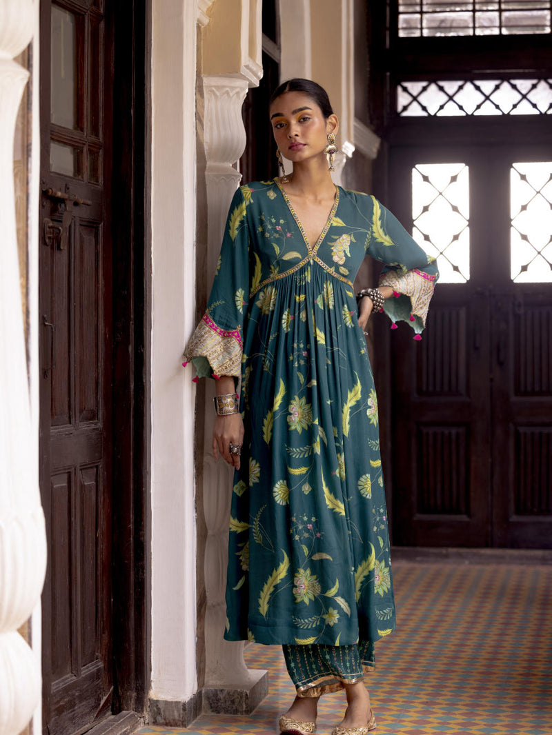 Fariba Teal Bell Sleeve Printed Kurta Set Kurta Sets by Rajiramniq for women in Singapore