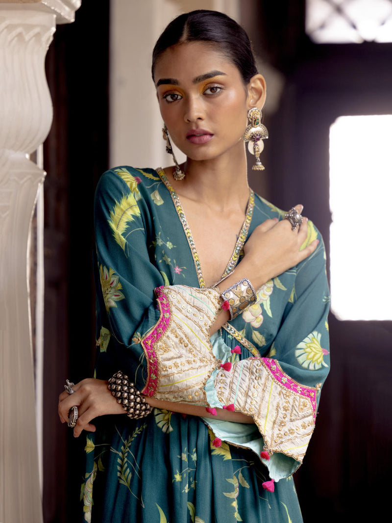Fariba Teal Bell Sleeve Printed Kurta Set Kurta Sets by Rajiramniq for women in Singapore