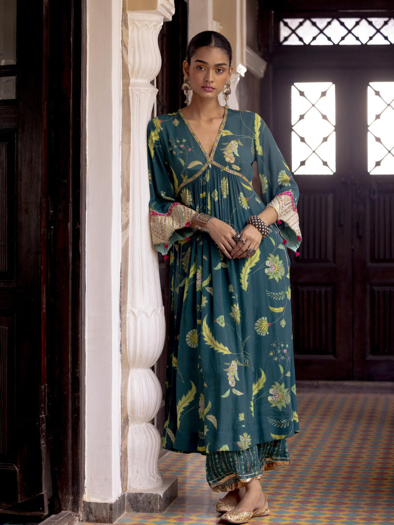 Fariba Teal Bell Sleeve Printed Kurta Set Kurta Sets by Rajiramniq for women in Singapore