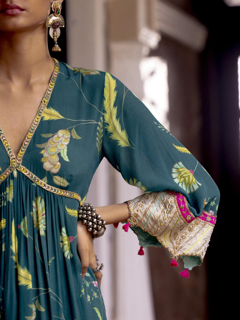 Fariba Teal Bell Sleeve Printed Kurta Set Kurta Sets by Rajiramniq for women in Singapore