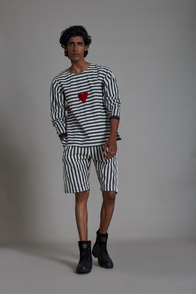 BLACK STRIPE HEART TSHIRT & STRIPE SHORTS Bottoms by Mati Men for men in Singapore