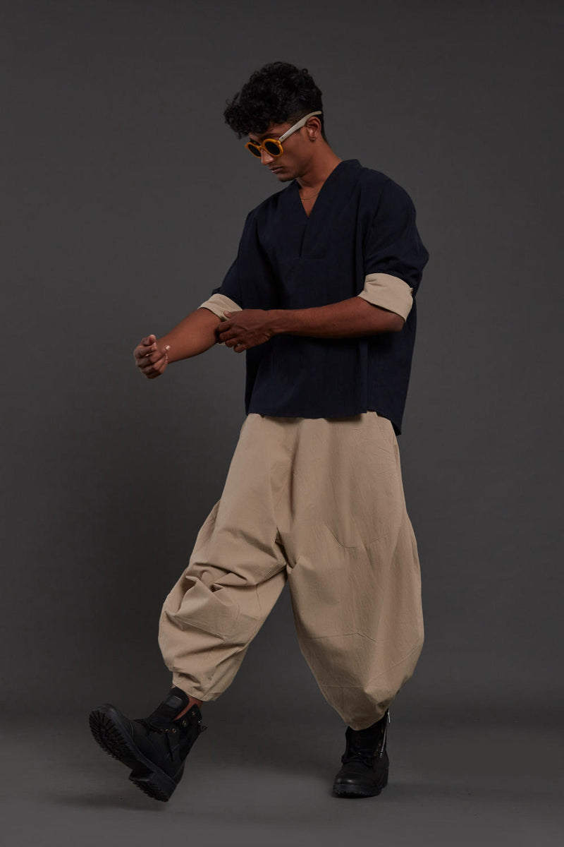 Navy Blue & Beige Overlap Baggy Set by Mati Men for men in Singapore