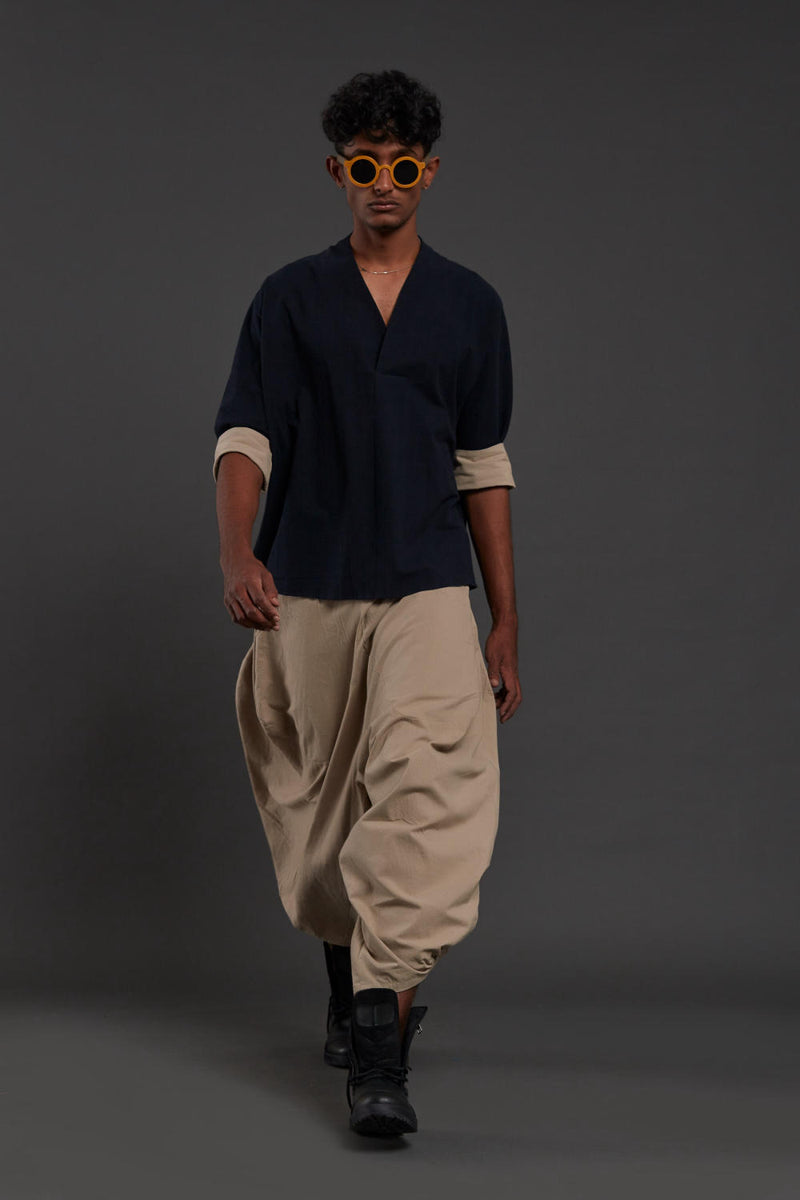 Navy Blue & Beige Overlap Baggy Set by Mati Men for men in Singapore