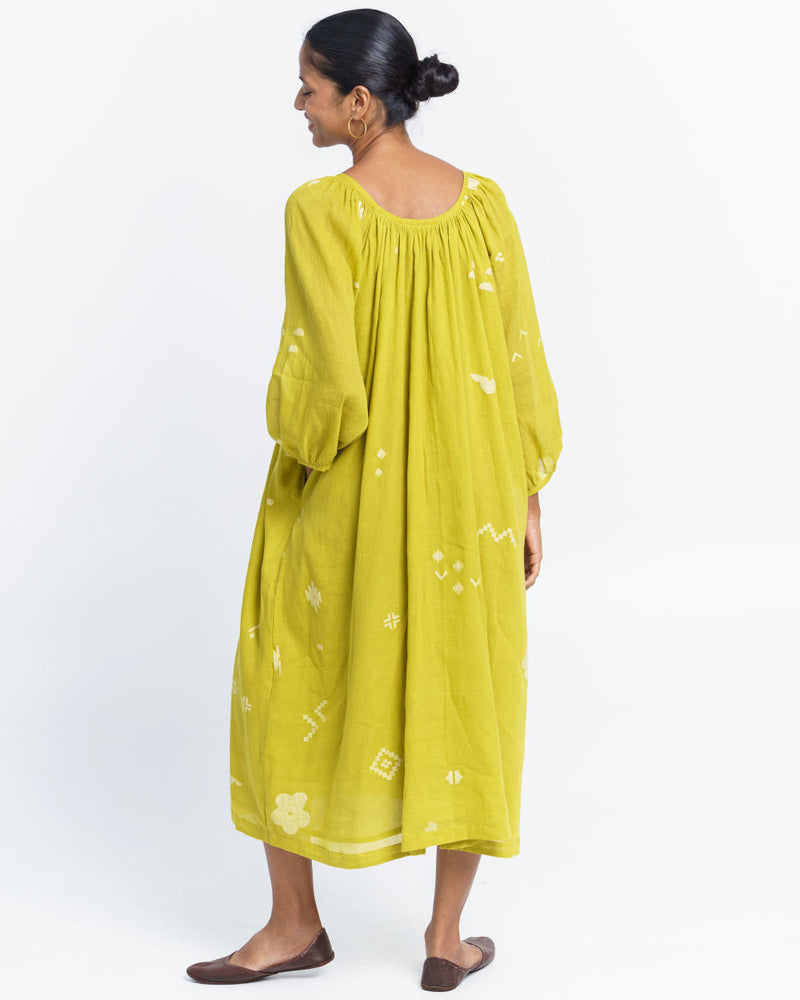 Ochre scoop-neck gathered dress Dress by World of Crow for women in Singapore