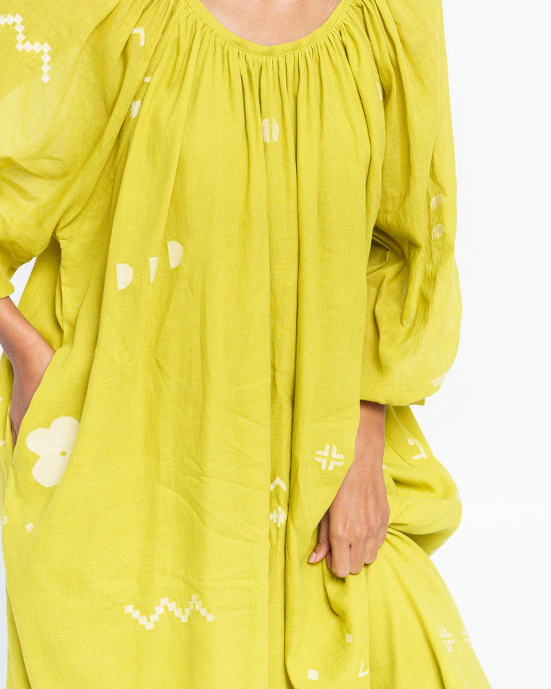 Ochre scoop-neck gathered dress Dress by World of Crow for women in Singapore