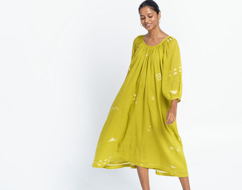 Ochre scoop-neck gathered dress Dress by World of Crow for women in Singapore