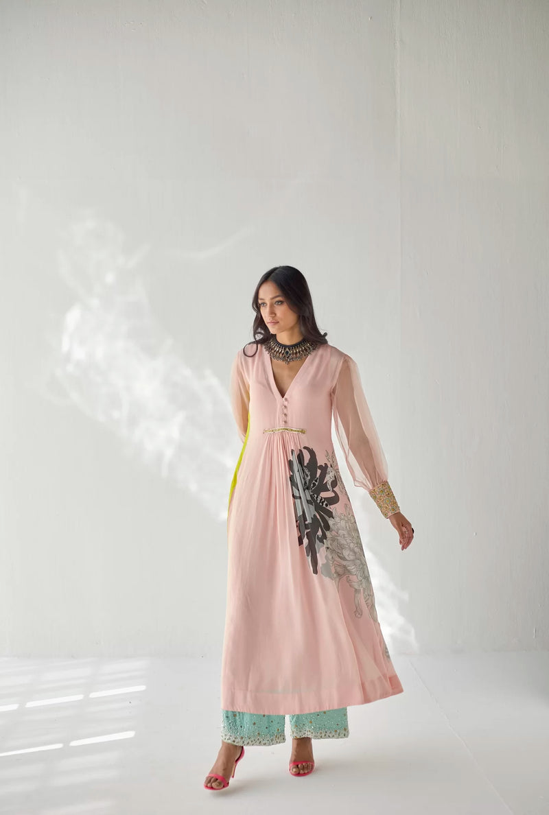 NUDE PINK SIDE FLOWER KURTA SET Kurta Sets by Rajiramniq for women in Singapore