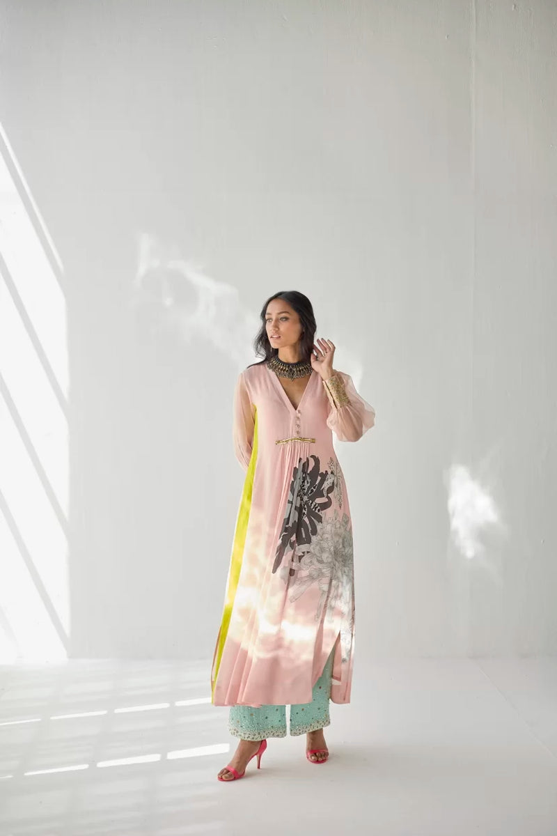 NUDE PINK SIDE FLOWER KURTA SET Kurta Sets by Rajiramniq for women in Singapore